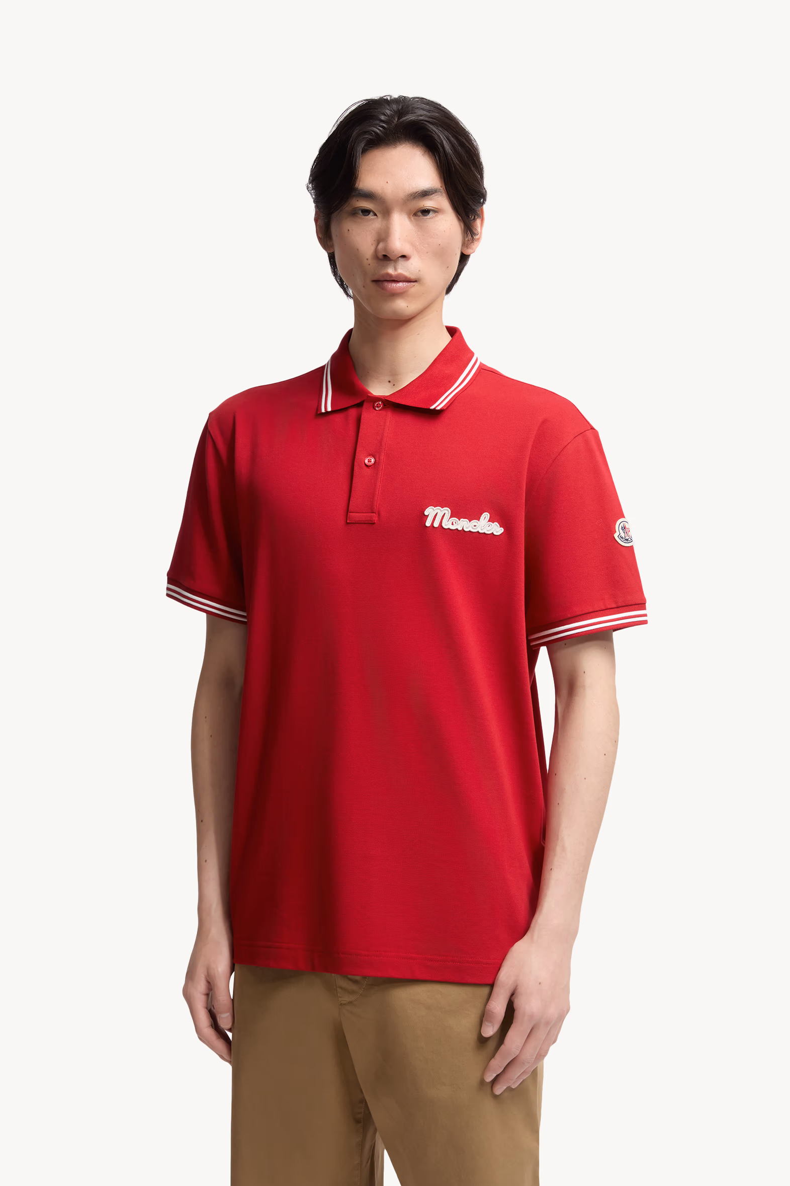 Embroidered Logo Cotton Piquet Polo Shirt Men Red Moncler 3